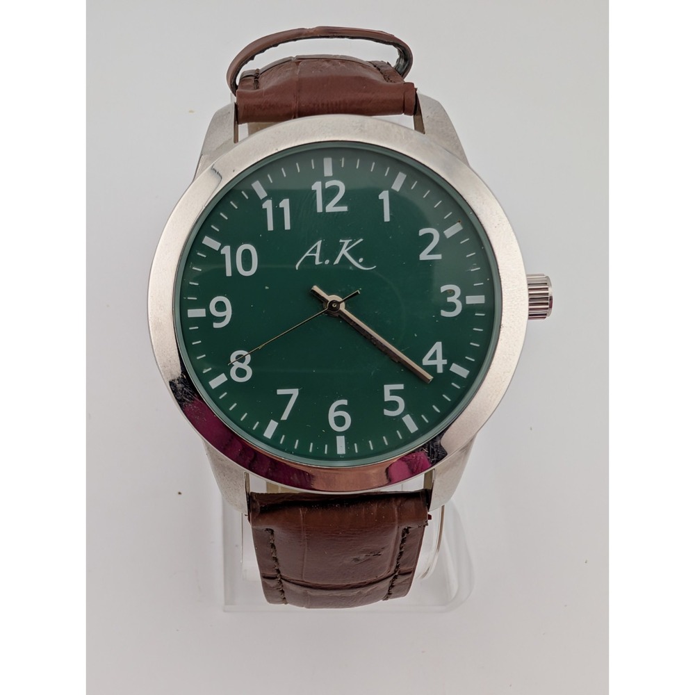 A.K. Watch Men 41mm Silver‎ Case Green Dial Brown Faux Leather Band- New Battery
